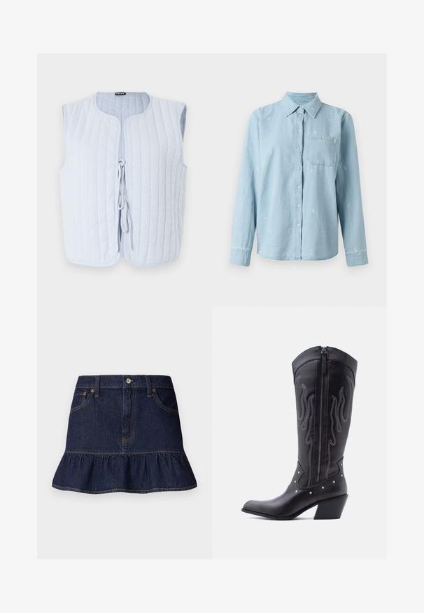 Helles blaues gepolstertes Weste mit rundem Halsausschnitt, ärmellosem Design und einer vorderen Krawattenöffnung. Der Stoff weist vertikale gesteppten Linien auf.; Helles blaues Denim-Hemd mit langen Ärmeln, Knopfleiste und einer Brusttasche. Verfügt über weiße florale Stickereien über den Stoff.; Dunkelblaue Denim-Rock mit Rüschensaum, Fünf-Taschen-Design, Gürtelschlaufen und einer vorderen Knopfleiste. Glatte Textur und gerader Schnitt.; Schwarze Cowboy-Stiefel aus Leder mit spitzer Zehenpartie, sichtbarer Nahtführung, silbernen Nietenakzenten und Reißverschluss auf der Innenseite.