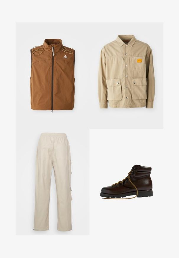 Braune Weste mit hohem Kragen, vorderem Reißverschluss und Schulterbändern. Hergestellt aus leichtem Stoff, mit einem Logo auf der oberen linken Seite.; Replay Inc. SHIRT - Hemd - khaki; Beige gerade Hose mit elastischem Bund und zwei Gesäßtaschen, von hinten auf weißem Hintergrund gezeigt.; Brauner Leder-Wanderschuh mit abgerundetem Zeh, strukturierten Oberflächen, gelben Schnürsenkeln und Metallösen. Enthält eine robuste schwarze Gummisohle.