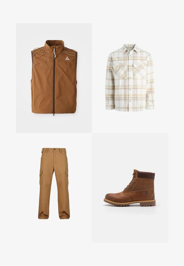 Pruun vest kõrge kraega, esine tõmbluku ja õlapre Paaride ainet. Valmistatud kergest kangast, millel on logo vasakul ülaservas.; Beige ja valge ruuduline särk, valmistatud pehmest flanellist, millel on kaks rinna-taskut, nööpidega kinnitamine ja terav krae.; Pruunid cargo-püksid, mis on valmistatud vastupidavast kangast, mitmete taskute, lõdva istuvuse ja tugevdusõmblustega.; Pruun nahast matkasaapad, millel on siledat viimistlus, pehmendatud pahkluu, metallist silmad ja kummist põhi koos robustse mustriga.