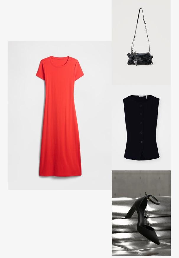Weekday WAISTCOAT - Veste sans manches - black; Robe rouge à manches courtes et longueur genou, en tissu lisse avec un col rond et une coupe décontractée. Design simple et uni.; Chaussure à talon haut noire avec bride à la cheville suspendue au-dessus d'un canapé argenté métallique capitonné, devant un mur gris.; Sac à bandoulière en cuir noir avec sangle réglable et deux grandes fleurs décoratives en cuir noir avec œillets métalliques sur le devant.