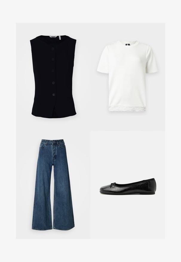 Weekday WAISTCOAT - Veste sans manches - black; T-shirt blanc à manches courtes avec col rond et bordure en dentelle le long de l'ourlet inférieur sur un fond uni.; Jeans en denim à jambes larges bleu foncé, avec une taille haute, un design à cinq poches et des coutures contrastées. Tissu classique et durable.; Ballerine en cuir noir brillant avec petit talon et petit nœud décoratif sur l'avant, vue de côté sur fond clair uni.