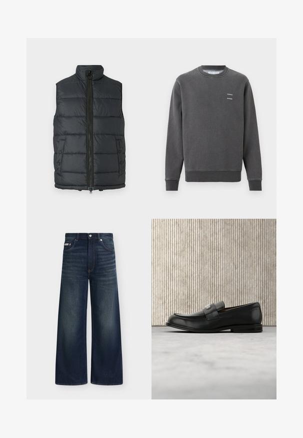 Veste matelassée gris foncé avec col montant, fermeture éclair complète à l'avant et poches à boutons-pression. Texture douce et finitions cousues sur toute la surface.; Sweat-shirt gris foncé à col rond avec poignets et ourlet côtelés, présentant un petit texte blanc "SAMSOE SAMSOE" sur la poitrine gauche.; Jean en denim bleu foncé à jambes larges avec poches avant, passants de ceinture, fermeture par boutons et légère décoloration sur les cuisses et les genoux.; Mocassin en cuir noir avec une plaque de marque en métal reposant près d'une table ronde marron sur un sol recouvert de moquette beige.