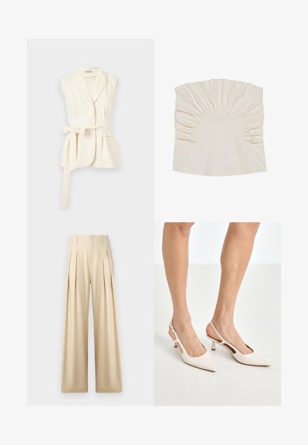 Veste sans manches crème avec col châle et ceinture à nouer sur le côté, présentant une coupe ajustée et des détails de poche avant.; Haut couleur crème avec tissu froncé, présentant un décolleté arrondi et une texture lisse. Le design comprend des plis le long des bords.; Pantalons larges beige en tissu lisse. Présentent des plis nets, une taille haute et des détails de couture subtils pour un look ajusté.; Escarpins à talon slingback en cuir verni beige avec un bout pointu et un talon de 5 cm, présentant des côtés découpés et une fine bride à la cheville.