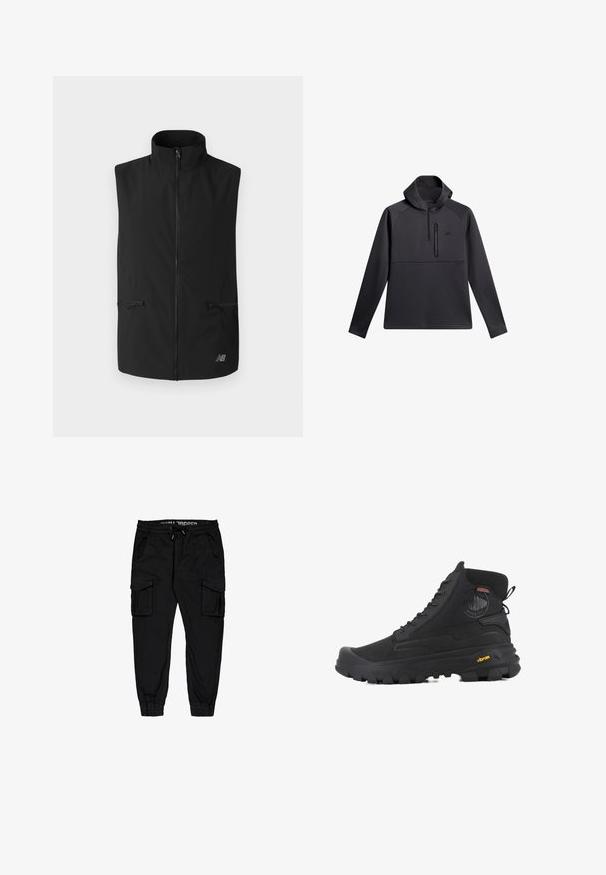 Zwarte mouwloze vest, met een hoge kraag, volledige rits aan de voorkant, twee ritszakken en een logo aan de onderkant rechts. Glad van textuur.; Zwarte trui met een capuchon, voorzien van een kwart-rits aan de voorkant, raglanmouwen en een ritsvak op de borst; gladde textuur en atletisch ontwerp.; Zwarte cargo-broeken van lichtgewicht stof, met een elastische tailleband, trekkoord en meerdere zijzakken met taps toelopende broekspijpen.; Zwarte hoge laarzen met een gestructureerd oppervlak, voorzien van een waterdicht ontwerp, vetersysteem en een opvallende rubberen zool met Vibram-merktekens.