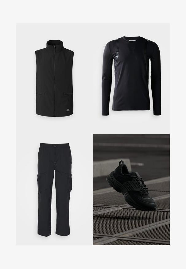 Zwarte mouwloze vest, met een hoge kraag, volledige rits aan de voorkant, twee ritszakken en een logo aan de onderkant rechts. Glad van textuur.; Zwarte lange-mouwen sportshirt gemaakt van glad, rekbaar materiaal. Kenmerkt zich door glanzende zwarte accenten op de schouders en een Adidas-logo op de borst.; Zwarte cargobroek van geweven stof. Voorzien van een verstelbare tailleband, zijzakken en twee utilityzakken met ritsen.; Zwarte sportieve schoenen met een gestructureerde mesh bovenkant en rubberen zool, met een dikke silhouette en vetersysteem voor een veilige pasvorm.