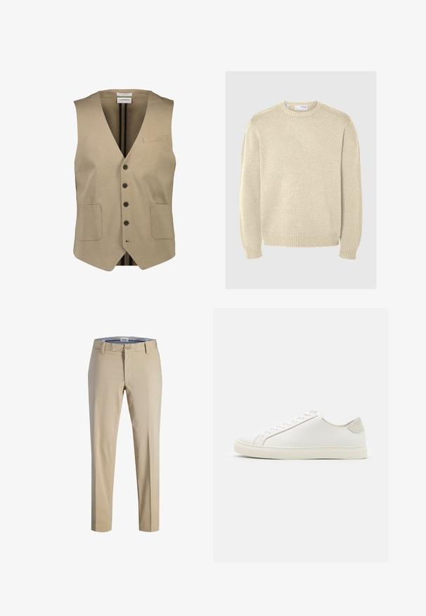 Beige ærmeløs vest med v-hals, fem sorte knapper, to forreste lommer og en lille brystlomme. Glat stof med minimal tekstur.; Lys beige striktrøje med rund halsudskæring, lange ærmer, ribbede manchetter og kant. Glat tekstur med et mellemtykt mønster.; Beige chinos med lige ben-design, der har knaplukning og bæltestropper. Glat tekstur, ingen mærkbare mønstre eller accenter.; Hvide lædersneakers med en glat overflade, rund tå og minimalistisk design. Funktioner i beige nuancer på hælen og en gummisål.