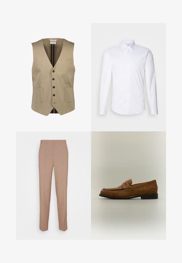 Beige mouwloos vest met een V-hals, vijf zwarte knopen, twee voorzakken en een kleine borstzak. Glad materiaal met een minimale textuur.; Witte lange mouwen knoopshirt gemaakt van gladde katoenstof, met een klassieke kraag, knoopsluiting en een gebogen zoom.; Beige, op maat gemaakte broek van een gladde, gestructureerde stof. Rechte pasvorm met een tailleband en zonder zichtbare versieringen of zakken.; Bruine suède loafer met een lage zwarte hak en een gestikt riempjedetail op het bovenwerk, gezien van de zijkant tegen een neutrale achtergrond.