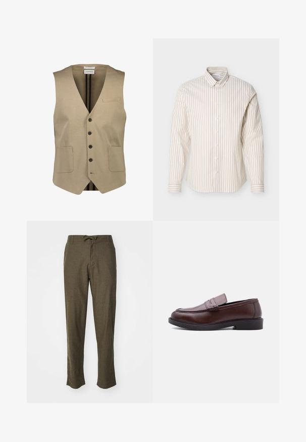 Beige ærmeløs vest med v-hals, fem sorte knapper, to forreste lommer og en lille brystlomme. Glat stof med minimal tekstur.; Beige og hvid langærmet skjorte med lodrette striber og knapper foran, med en knaplukket krave, vist på en ensfarvet hvid baggrund.; Olivenfarvede bukser lavet af tekstureret stof, med justerbar talje og lige ben, præsenteret mod en hvid baggrund.; Brun læderloafer med sort sål og syninger vist i sideprofil mod hvid baggrund.
