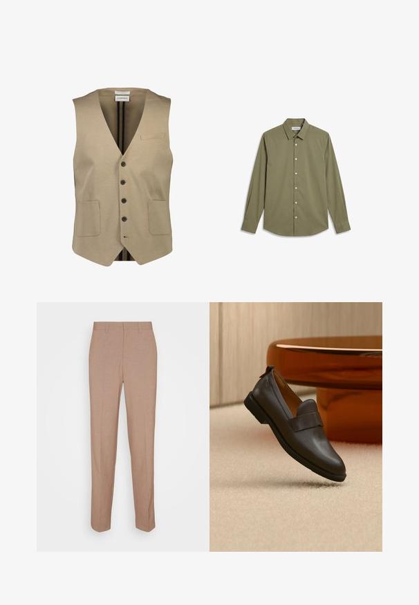 Beige ärmellose Weste mit einem V-Ausschnitt, fünf schwarzen Knöpfen, zwei vorderen Taschen und einer kleinen Brusttasche. Glattes Material mit minimaler Textur.; Langärmliges olivgrünes Hemd mit Kragen und weißen Knöpfen, flach auf weißem Hintergrund ausgelegt.; Beige, maßgeschneiderte Hose aus glattem, strukturiertem Stoff. Gerade Passform mit Bund, ohne sichtbare Verzierungen oder Taschen.; Dunkelbrauner Lederloafer mit niedrigem Absatz, der über einem beigen Teppich schwebt, neben einem glänzenden, abgerundeten, bernsteinfarbenen Tisch.