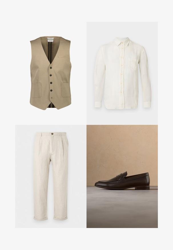 Beige ærmeløs vest med v-hals, fem sorte knapper, to forreste lommer og en lille brystlomme. Glat stof med minimal tekstur.; Langærmet, offwhite hørskjorte med krave, knaplukning og en enkelt brystlomme. Blød tekstur med en glat finish.; Beige linnedbukser med forreste læg, forreste knap- og lynlås lukning, bæltestropper, sidelommer og opsmøgede manchetter.; Mørkebrune læder loaferskørstøvler svæver over et beige tæppe med en buet beige sofa i baggrunden.