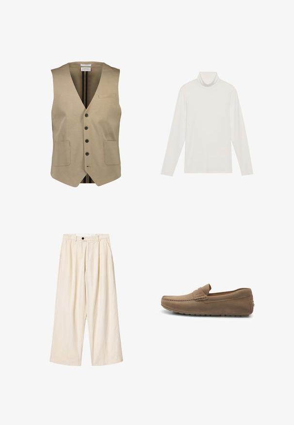 Chaleco sin mangas color beige con cuello en V, cinco botones negros, dos bolsillos frontales y un pequeño bolsillo en el pecho. Tejido liso con textura mínima.; Top de manga larga con cuello alto en blanco. Tejido suave y elástico con una silueta ajustada. Presenta un cuello alto y un detalle de costuras mínimas.; Pantalones de pierna ancha color crema con trabillas para cinturón, cierre frontal con botón y cremallera, y bolsillos laterales, mostrados sobre un fondo blanco.; Mocasines de ante marrón con detalles de costura, textura suave, suela de goma plana y un pequeño logo cerca del talón, diseñados para la comodidad.