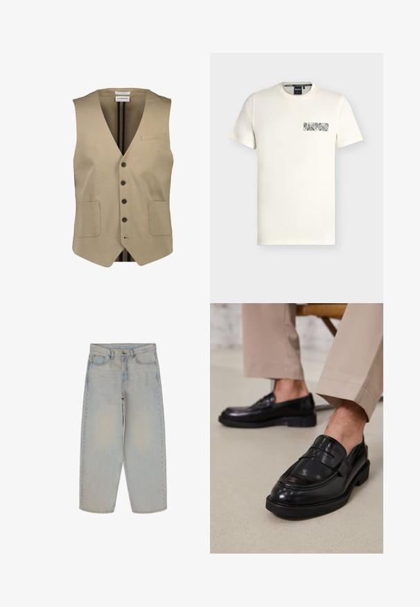 Beige ärmellose Weste mit einem V-Ausschnitt, fünf schwarzen Knöpfen, zwei vorderen Taschen und einer kleinen Brusttasche. Glattes Material mit minimaler Textur.; Weißes T-Shirt mit kurzen Ärmeln und Rundhalsausschnitt mit kleinem „Barbour“-Textlogo in gemustertem Schriftbild auf der linken Brust.; Hellblaue Jeans aus Denim mit lässigem Schnitt, hoher Taille, Fronttaschen und sichtbaren Nähten. Gerades Bein Design ohne Verzierungen.; Schwarze Lederloafers mit glatter Oberfläche, ausgestattet mit einem dekorativen Riemen und Kontrastnähten, kombiniert mit beigen Hosen.