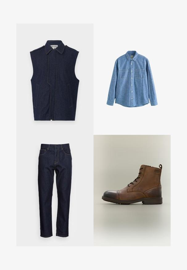 Denimvest, mørkeblå, ærmeløs design, spidse krave, lodret front søm, to frontlommer, fremhævet med kontrastfarvet gul søm.; Langærmet blå chambray-skjorte med knaplukning foran og to brystlommer, lagt fladt på en hvid baggrund.; Mørkeblå denimjeans med lige pasform, fem lommer og kontrasterende gul syning. Designet med en klassisk knap- og lynlåslukning.; Brun læderstøvle med snørebånd, sort tåhætte, rund sål og mærket detalje på siden mod ensfarvet baggrund.