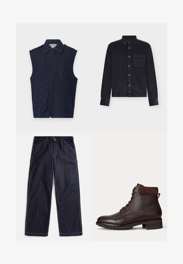 Denim vest, tume sinine, ilma varrukateta disain, terav krae, vertikaalne esiseam, kaks esikot, rõhutatud kontrastse kollase õmblusega.; Tumesinise samettriibulise särgi, millel on krae, ees nupuga kinnis ja üks rinnatasku. Särk on pika varrukaga ja tekstuurse kangaga.; Tumesinised sirge säärega teksapüksid kontrastõmblustega, vööaasade ja esi taskutega, laotatud valgele taustale.; Pruun nahast pahkluu saapad tekstureeritud viimistlusega, paeltega disain, kuldsed augud ja pruuni sametise aktsent. Moodsad kummist tallad.
