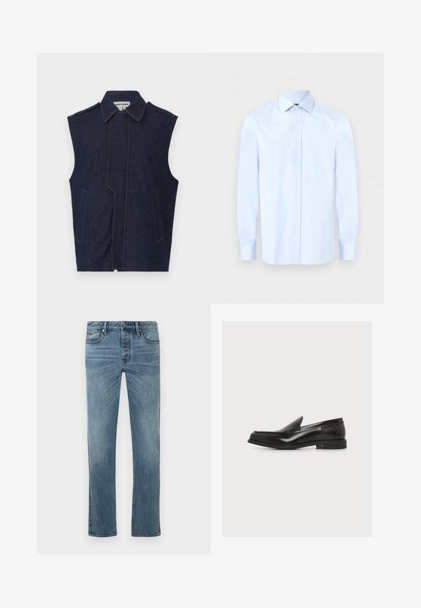 Chaleco de mezclilla, azul oscuro, diseño sin mangas, cuello puntiagudo, costura frontal vertical, dos bolsillos frontales, acentuado con costuras amarillas contrastantes.; Camisa de vestir de hombre de manga larga color azul claro con cuello puntiagudo y botones blancos en la parte frontal sobre un fondo liso.; Vaqueros de mezclilla azul con corte de pierna recta, que cuentan con un diseño clásico de cinco bolsillos, costuras visibles y un lavado desgastado.; Mocasín negro de cuero sin cordones con tacón bajo y detalles cosidos, etiqueta lateral, sobre fondo blanco liso.