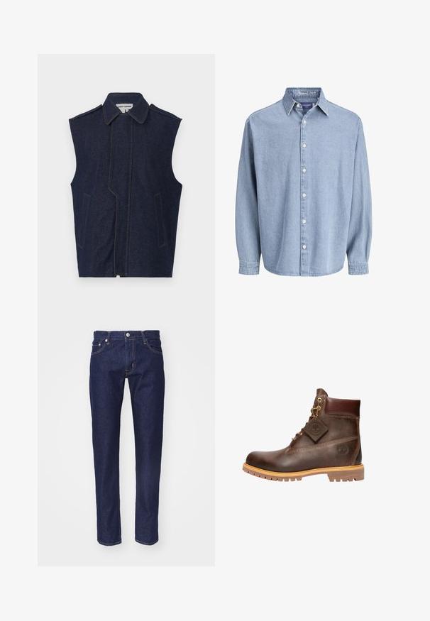 Chaleco de mezclilla, azul oscuro, diseño sin mangas, cuello puntiagudo, costura frontal vertical, dos bolsillos frontales, acentuado con costuras amarillas contrastantes.; Camisa de mezclilla de manga larga color azul claro con cuello y botones blancos, presentada sobre un fondo blanco liso.; Vaqueros de denim azul marino con corte recto, diseño de cinco bolsillos, costuras en naranja contrastante y un cierre de botón plateado en la cintura.; Botín de cuero marrón hasta el tobillo con punta redonda, suela resistente, herrajes en tono dorado y parte superior texturizada. Incluye una etiqueta con el logo adjunta.