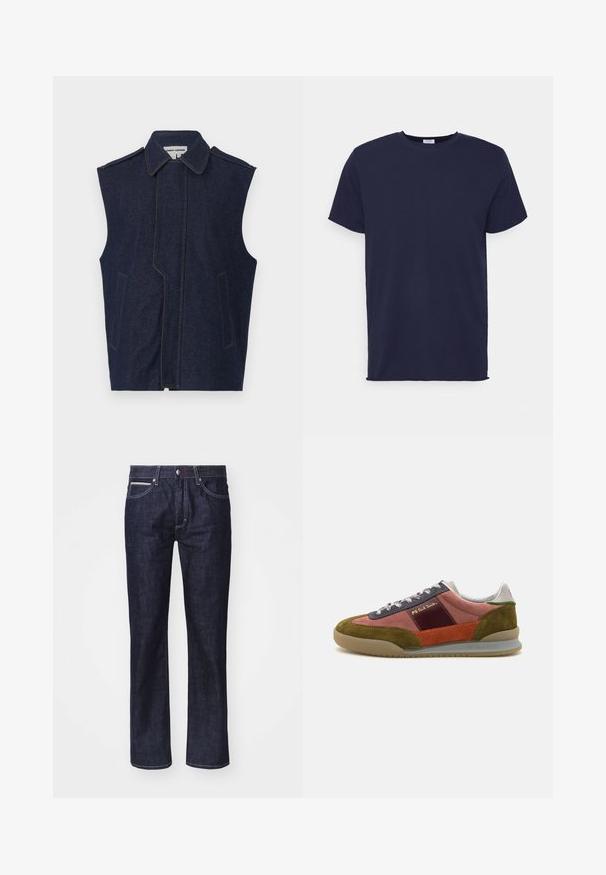 Denimvest, mørkeblå, ærmeløs design, spidse krave, lodret front søm, to frontlommer, fremhævet med kontrastfarvet gul søm.; Marineblå kortærmet t-shirt lavet af blødt stof. Har rund halsudskæring og en lige pasform uden mønstre eller accenter.; Mørkeblå denim jeans med lige pasform, diskrete kontrastsyninger, fem lommer og knappelukning i taljen.; PS Paul Smith DOVER - Sneakers - pink