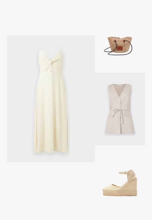 Vestido de lino sin mangas en color beige, con escote en V, cierre de botones en la parte delantera, cinturón atado en la cintura y dos bolsillos laterales.; Vestido maxi sin mangas color crema con tirantes finos, detalle frontal retorcido y ribete de encaje sutil sobre un fondo liso.; Alpargata cuña beige con plataforma de yute tejido, punta cerrada, correa al tobillo con hebilla y contrafuerte texturizado en tonos neutros.; Bolso de mano tejido de paja con parche de cuero marrón con la etiqueta "BIMBA Y LOLA" y finas correas de cuero negro para el hombro sobre fondo blanco.
