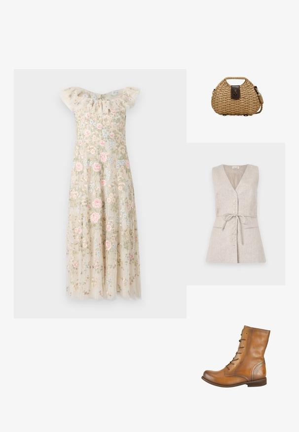 Vestido de lino sin mangas en color beige, con escote en V, cierre de botones en la parte delantera, cinturón atado en la cintura y dos bolsillos laterales.; Vestido bordado con escote off-shoulder y volantes. Tejido beige adornado con patrones florales en rosa y azul, con una falda fluidas.; Botas de cuero marrón hasta el tobillo con una textura suave, punta redondeada, seis ojales para cordones y un sutil logo grabado en el talón.; Bolso de paja trenzada con forma redondeada, asa integrada corta, cierre de cuero oscuro y correa de hombro trenzada desmontable.