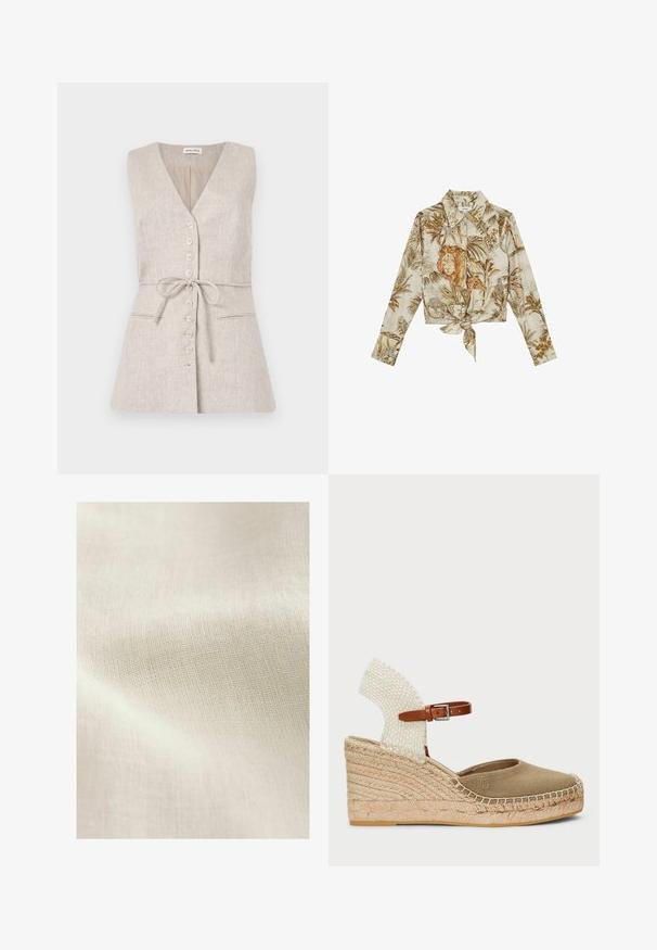 Mouwloze beige linnen jurk met een V-hals, knoopsluiting aan de voorkant, strikceintuur in de taille en twee zijzakken.; Beige blouse met lange mouwen en knopen, vooraan gestrikt, met een gedetailleerde tropische print van leeuw, giraffe, luipaard en palmbladeren in bruine tinten.; Lichtbeige gemêleerde stof met een geweven patroon, die subtiele variaties in kleur en oppervlakte details toont. Over het algemeen een zachte, gladde textuur.; Wedge espadrille met een canvas neus in olijfgroen, geweven witte hak en een bruine leren enkelband. Bevat jute details langs de zool.