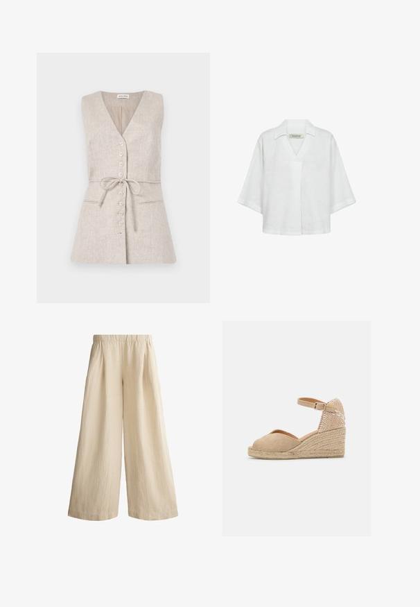 Robe sans manches en lin beige avec un col en V, fermeture à boutons sur le devant, ceinture à nouer à la taille et deux poches latérales.; Blouse blanche en lin à manches courtes avec un col et une coupe ample et décontractée. Texture unie sans motifs ni accents.; Pantalon beige à jambes larges avec taille élastique et texture verticale subtile, conçu pour une coupe ample et confortable.; Castañer BIANCA - Espadrilles - sand