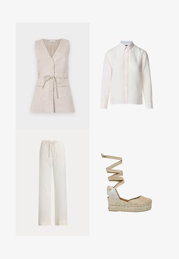 Vestido de lino sin mangas en color beige, con escote en V, cierre de botones en la parte delantera, cinturón atado en la cintura y dos bolsillos laterales.; Camisa blanca de manga larga con botones y cuello, con detalle de rayas en el interior del cuello, exhibida sobre un fondo blanco.; Pantalones blancos de corte ancho con cintura elástica y cordón, mostrados sobre un fondo liso.; Alpargata cuña beige con suela plataforma trenzada, puntera cerrada y largas cintas para atar alrededor del tobillo en tela beige a juego.