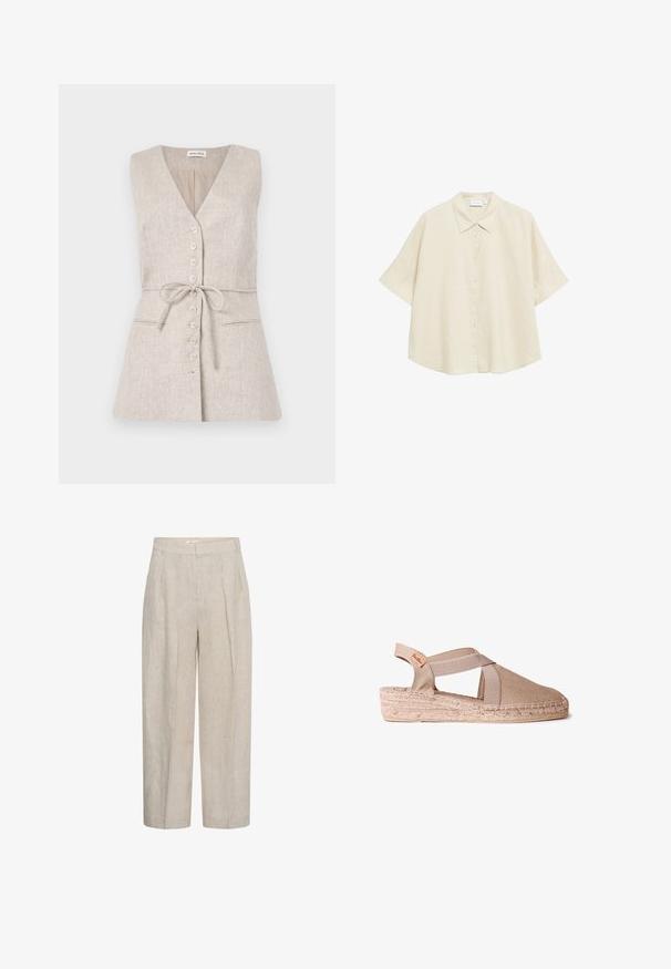 Mouwloze beige linnen jurk met een V-hals, knoopsluiting aan de voorkant, strikceintuur in de taille en twee zijzakken.; Beige overhemd met korte mouwen en knopen, puntige kraag, losse pasvorm en lichtgewicht stof.; Beige high-waist wijde broek met plooien aan de voorkant en riemlussen, gemaakt van een gestructureerde linnenstof.; Beige canvas espadrille met elastische kruislings banden, open hiel en gevlochten jute plateauzool.