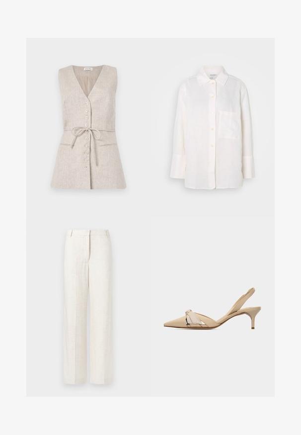 Mouwloze beige linnen jurk met een V-hals, knoopsluiting aan de voorkant, strikceintuur in de taille en twee zijzakken.; Witte, lange mouwen linnen shirt met een button-down kraag. Voorzien van een voorzak en een relaxte, iets oversized pasvorm. Gestructureerde stof.; Beige wijde broek in een linnenmix, met een soepele textuur, klassieke voorplooien en zijzakken voor extra functionaliteit.; Beige kittenheel slingback met puntige neus, decoratieve knoop op het bovenwerk en een lage, slanke hak.