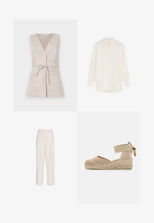 Vestido de lino sin mangas en color beige, con escote en V, cierre de botones en la parte delantera, cinturón atado en la cintura y dos bolsillos laterales.; Camisa blanca de manga larga con botones, cuello y puños, hecha de tela ligera y semitransparente, mostrada sobre un fondo liso.; Pantalones blancos de talle alto, confeccionados a medida, con pinzas, trabillas para cinturón y piernas rectas, mostrados sobre un fondo blanco liso.; Espadrille beige con parte superior de lona, tacón tejido texturizado y suela de yute trenzado; cuenta con una correa atada al tobillo para un ajuste seguro.