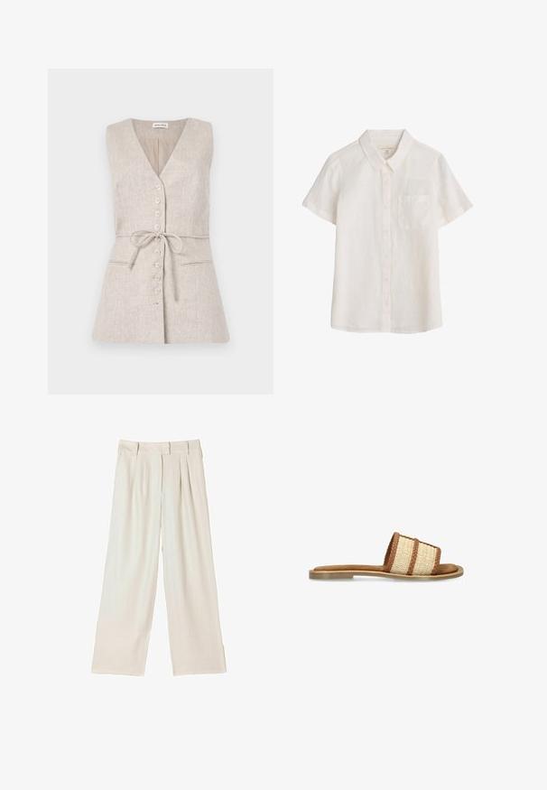 Mouwloze beige linnen jurk met een V-hals, knoopsluiting aan de voorkant, strikceintuur in de taille en twee zijzakken.; Korte mouwen, knoopsluiting shirt van lichtgewicht, crèmekleurig linnen. Bevat een enkele borstzak en een klassiek kraagontwerp.; Wijde broekspijpen in lichtbeige stof, met dubbele plooien aan de voorkant en een rechte snit, met een gladde textuur en zonder zichtbare hardware.; Platte slidesandaal met een gevlochten beige en bruine band en een lichtbruine zool tegen een witte achtergrond.