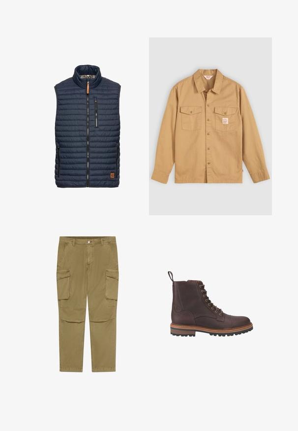 Marineblauw puffer vest met verticale gestikte patroon, hoge kraag, ritssluiting aan de voorkant en twee zijzakken. Heeft een bruine leren logoaccent.; Tan button-up shirt met lange mouwen, twee borstzakken en een klein label. Gemaakt van katoen met een gladde textuur en een klassiek kraagontwerp.; Khaki cargobroek met knopen- en ritssluiting, voorzien van zijflappzakken en schuin geplaatste voorzakken.; Bruine leren veterschoenen tot boven de enkel met een gestructureerde afwerking, contrasterende beige zolen en metalen veteroogjes. Voorzien van een trekkoordje voor gemakkelijk aan- en uittrekken.