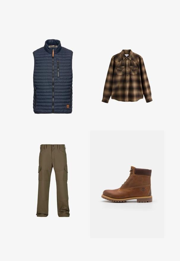 Marineblå puffer-vest med vertikal quiltet mønster, høj krave, lynlås foran og to sidelommer. Har en brun læderlogo-detalje.; Brun og sort ternet langærmet skjorte med krave, trykknapper foran og to brystlommer med klap og knapper.; Cargo bukser i mørke olivengrøn med flere lommer, forstærket syning, lige pasform og en glat tekstureret stof.; Brun læder vandrestøvle med en glat finish, polstret ankel, metalliske snørehuller og en gummisål med et robust dækmønster.