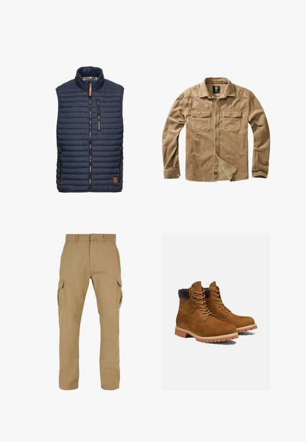 Marineblå puffer-vest med vertikal quiltet mønster, høj krave, lynlås foran og to sidelommer. Har en brun læderlogo-detalje.; Kordtrøje i tan med lange ærmer, knaplukning foran, to brystlommer og subtil ribbet tekstur. Har mærke nederst.; Beige cargo bukser med to sidelommer, lige ben design, lavet af slidstærkt stof, med syning detaljer og bæltestropper.; Brune ruskinds ankelstøvler med en polstret sort krave, gyldne snørehuller og en tyk gummisål med en mønster, der giver godt greb.