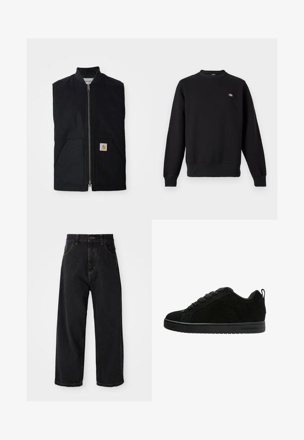 Zwarte mouwloze vest gemaakt van duurzaam materiaal, met een ritssluiting aan de voorkant, twee zakken en een logo-opdruk op de rechter onderzak.; Zwarte crewneck trui met lange mouwen, geribde boorden en zoom, en een klein rechthoekig logoplaatje op de linkerborst.; Zwarte wijde denim jeans met hoge taille, voorste knoop, rits en gele stiksels op de zakken en naden.; Zwarte suède sneaker met platte veters, ronde neus en textuuraccenten. Voorzien van logo-details aan de zijkant en een rubberen zool.