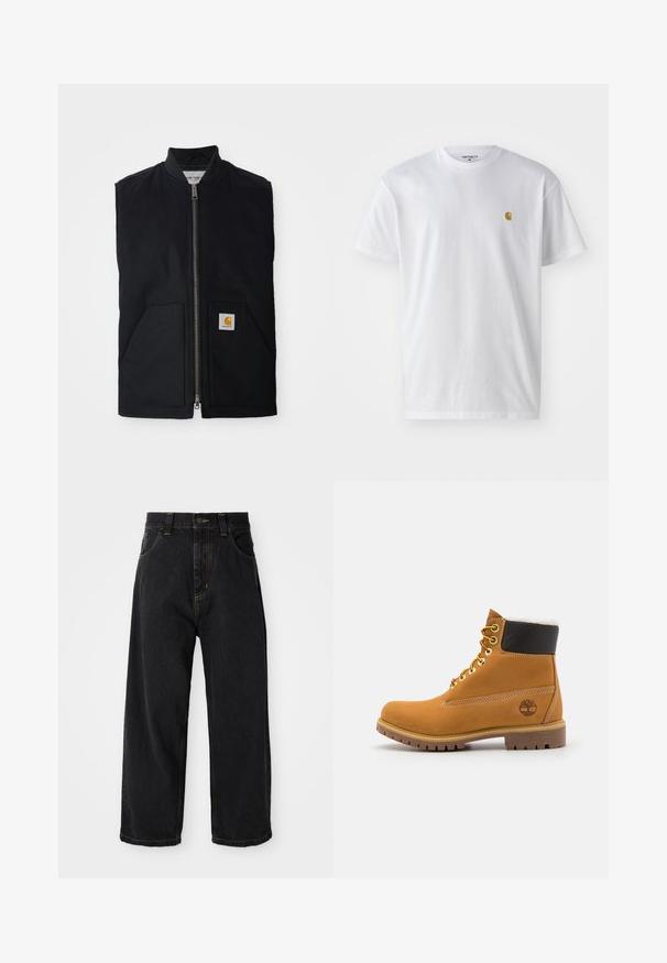 Sort ærmeløs vest lavet af holdbart stof, med en lynlås fortil, to lommer og et logo-patch på den nederste højre lomme.; Hvid bomulds t-shirt med korte ærmer, rund hals og et lille guld logo på venstre brystområde. Blød tekstur og almindelig pasform.; Sorte denim jeans med vide ben og høj talje, frontknap, lynlås samt gule syninger på lommer og sømme.; Brune læder ankelstøvle med metaløjer, hvid pelsforing, sort polstret krave, robust sål og præget logo på siden.