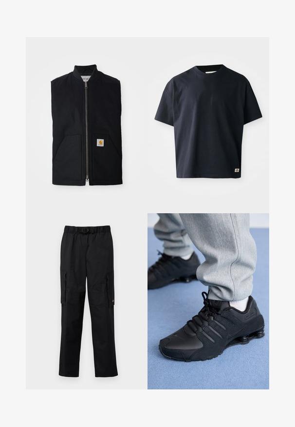 Sort ærmeløs vest lavet af holdbart stof, med en lynlås fortil, to lommer og et logo-patch på den nederste højre lomme.; Marineblå kortærmet T-shirt med rund hals og et lille rektangulært brandlogo nær den nederste søm på forsiden til højre.; Sorte cargo-bukser med elastisk talje, justerbart bælte, flere sidelommer og en glat, let stoftekstur.; Person iført sorte Nike Shox sneakers og grå joggingbukser, der står på lyseblåt tæppe.