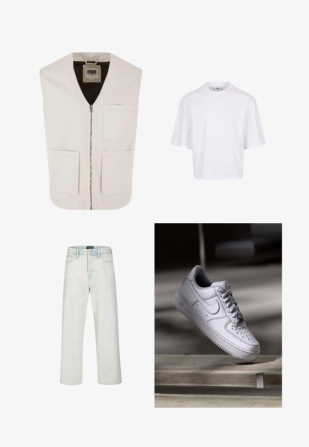 Gilet sans manches beige clair avec un décolleté en V, fermeture éclair sur le devant et deux grandes poches frontales. Fabriqué en coton bio avec une texture lisse.; T-shirt blanc à manches courtes avec un col rond et une coupe décontractée, fabriqué à partir d'un tissu en coton mélangé doux. Aucun motif ni embellissement.; Jean droit délavé clair à taille haute, avec bouton sur le devant et design à cinq poches de Jack & Jones.; La basket Nike Air Force 1 en cuir blanc présente un embout perforé, des lacets plats et une semelle en caoutchouc texturée avec le logo « AIR » sur le côté.