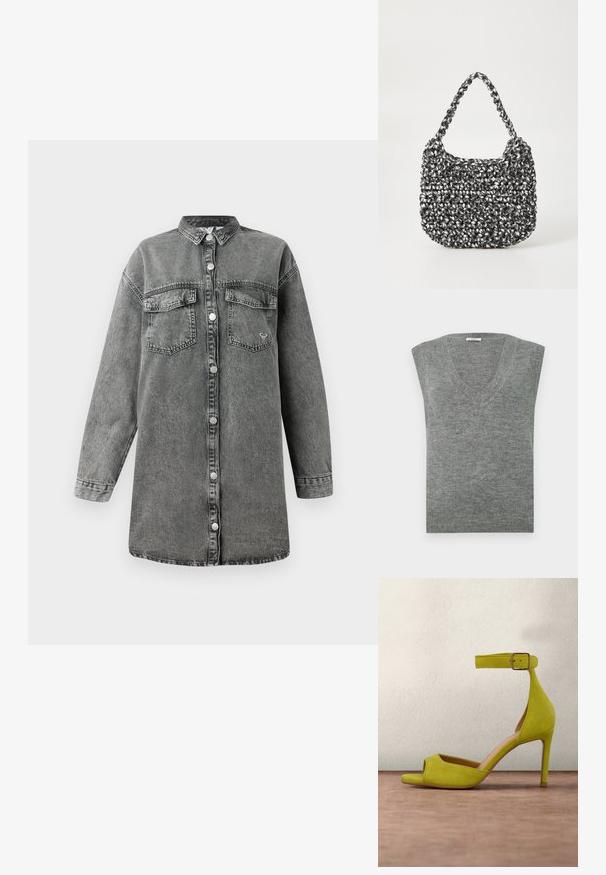 Pull gris sans manches en V, confectionné dans un matériau doux avec une texture lisse et un col côtelé. Design simple, sans motifs ni accents.; Robe chemise en denim gris avec des manches longues, boutonnage sur le devant, deux poches poitrine et ourlet arrondi. Présente une texture légèrement décolorée et des boutons en métal.; Sandale à talons hauts en daim jaune vif avec bride de cheville et boucle, positionnée verticalement sur un tapis gris devant un fond réfléchissant.; Sac en osier noir et blanc de forme arrondie, avec une surface texturée et une poignée tressée. Convient à un usage décontracté.