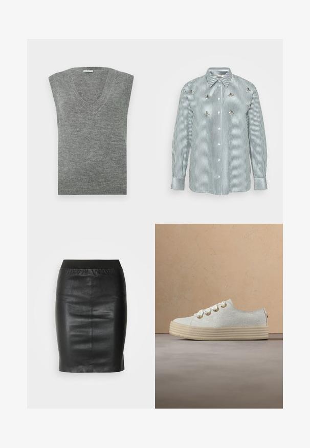 Pull gris sans manches en V, confectionné dans un matériau doux avec une texture lisse et un col côtelé. Design simple, sans motifs ni accents.; Chemise à rayures à manches longues verte et blanche, avec des rayures verticales, un devant à buttons et des accents floraux métalliques décoratifs.; Jupe crayon noire en cuir lisse, dotée d'une taille élastique pour une silhouette ajustée et un design minimaliste.; Baskets blanches brodées de fleurs avec une semelle épaisse beige et de grands lacets en satin, flottant à l'intérieur près d'une table basse en bois avec des livres.