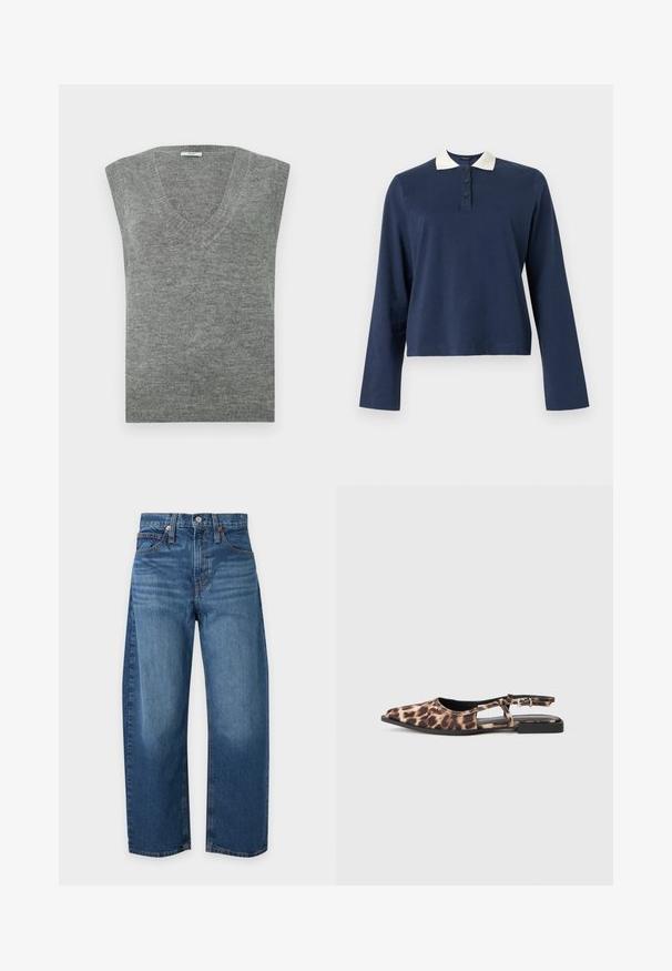 Grauer ärmelloser V-Ausschnitt-Pullover aus weichem Material mit glatter Textur und geripptem Ausschnitt. Einfaches Design, ohne Muster oder Akzente.; Marineblaue Langarm-Poloshirt mit weißem Kragen und Dreiknopf-Leiste, dargestellt vor einfachem Hintergrund.; Blaue High-Waist Straight-Leg Jeans mit Vorder- und Gesäßtaschen, Knopfverschluss und Gürtelschlaufen auf hellem Hintergrund.; Flache Slingback-Schuh mit Leopardenmuster, spitzer Zehenform, offenen Seiten und kleinem schwarzen Absatz. Das Material wirkt glatt mit einem leichten Glanz.