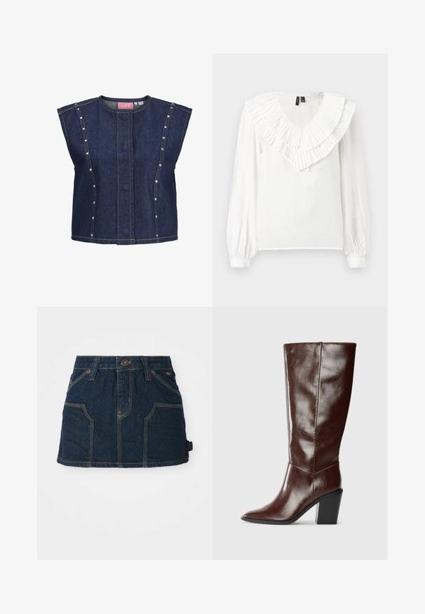 Chaleco sin mangas de mezclilla azul oscuro con escote redondo, botones frontales ocultos, detalles de costuras verticales y pequeños remaches plateados a lo largo de los paneles laterales.; Blusa blanca con escote en V y un cuello de volantes en capas. Mangas largas con puños elásticos, confeccionada en una tela ligera y texturizada.; Falda de mezclilla de color azul oscuro, con cinco bolsillos, costura tonal, cierre con botones en la parte frontal y un dobladillo deshilachado en un lado.; Bota alta de cuero marrón oscuro con punta afilada y tacón bloque apilado, mostrada de lado sobre un fondo liso.