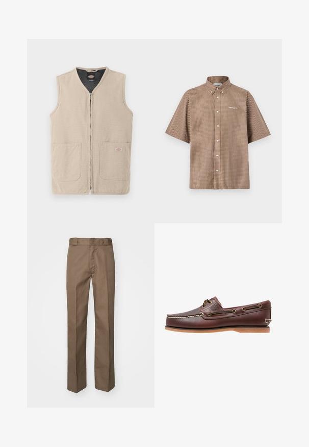 Veste de travail sans manches beige avec fermeture éclair frontale, deux grandes poches avant et doublure intérieure noire.; Chemise à manches courtes marron et crème avec un motif à carreaux, un col et un logo brodé sur la poitrine gauche.; Pantalon marron à design plat sur le devant, jambes droites et taille classique. Fabriqué en tissu durable, sans motifs ni ornements visibles.; Chaussure bateau en cuir marron avec coutures blanches, détails de lacets et semelle en caoutchouc beige, vue de côté sur fond blanc.
