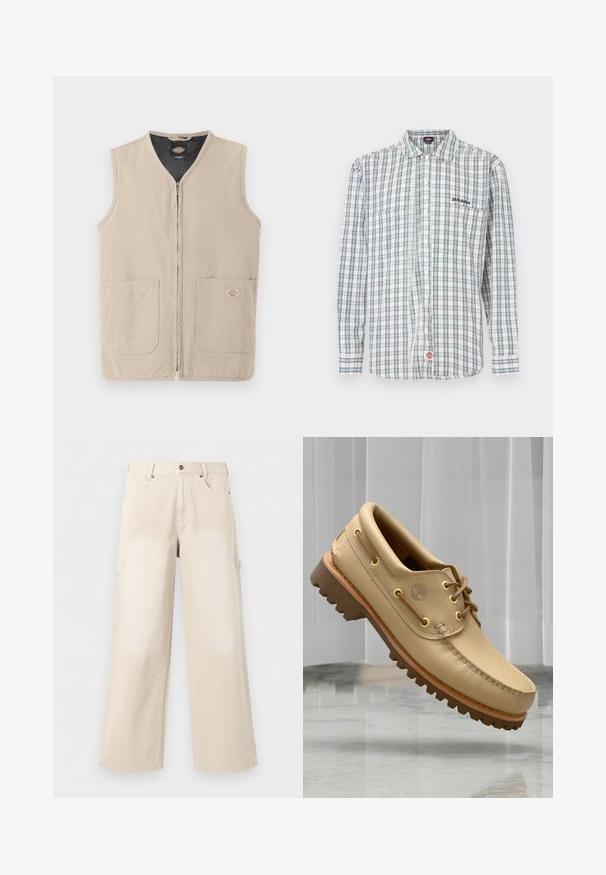 Veste de travail sans manches beige avec fermeture éclair frontale, deux grandes poches avant et doublure intérieure noire.; Chemise à carreaux boutonnée en blanc, vert et bleu. Elle comporte des manches longues, un col, deux poches avant et une broderie de logo sur la poitrine.; Pantalon beige à jambes larges avec poches avant, fermeture par boutons et passants de ceinture, présenté sur un fond blanc uni.; Chaussure bateau en cuir marron clair avec semelle épaisse et striée et détails de lacets, flottant au-dessus d'un sol en marbre et d'un fond de stores verticaux blancs.