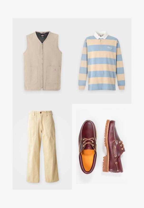 Veste de travail sans manches beige avec fermeture éclair frontale, deux grandes poches avant et doublure intérieure noire.; Maillot de rugby à manches longues avec larges rayures horizontales beige et bleu clair, col blanc et texte "Element Co. 1992" sur la poitrine.; Pantalons larges beige en coton. Présentent une taille haute, deux poches avant au design plat et une fermeture par un seul bouton.; Chaussures en cuir bourgogne avec semelles en caoutchouc marron, bout rond, couture blanche et œillets dorés. L'intérieur présente une doublure jaune.