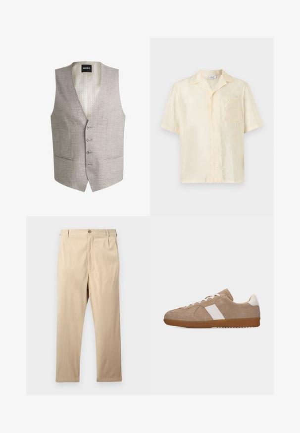 Chaleco gris claro con tejido texturizado, diseño de cuello en V, cinco botones y dos bolsillos frontales; forrado con un patrón crema que presenta "BOSS."; Camisa cremosa de manga corta con botones, cuello de estilo camp y un único bolsillo en el pecho, mostrada sobre un fondo neutro.; Pantalones beige de pierna recta con cierre de botón y cremallera, trabillas para cinturón y bolsillos laterales, colocados planos sobre un fondo claro.; Zapatilla de ante beige con rayas laterales blancas, lengüeta trasera blanca, cordones blancos, suela de goma y pequeño logo dorado "Polo" en el lateral.