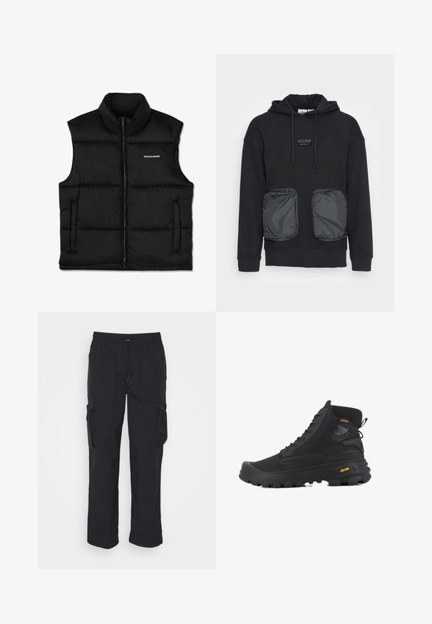 Zwarte gewatteerde vest met een hoge kraag, een rits aan de voorkant en zijzakken. Heeft een gladde textuur en een logo op de bovenste linkerzijde.; Zwarte hoodie met een ontspannen pasvorm, voorzien van twee grote met rits afsluitbare zakken van glanzend materiaal aan de voorkant. Klein logo-patch boven de zakken.; Zwarte cargobroek van geweven stof. Voorzien van een verstelbare tailleband, zijzakken en twee utilityzakken met ritsen.; Zwarte hoge laarzen met een gestructureerd oppervlak, voorzien van een waterdicht ontwerp, vetersysteem en een opvallende rubberen zool met Vibram-merktekens.