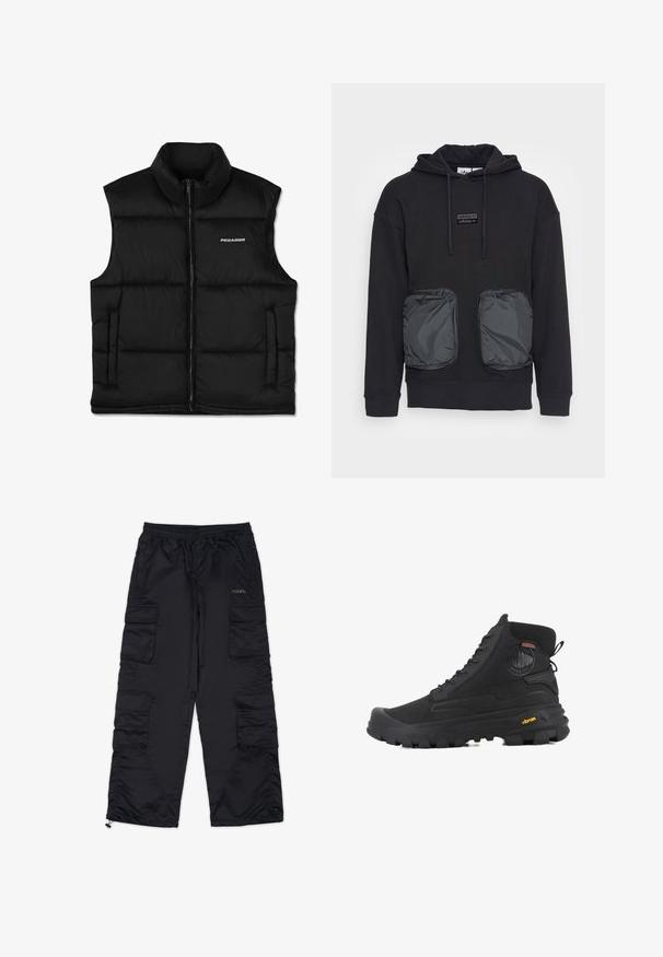 Schwarze, gepolsterte Weste mit hohem Kragen, vorderem Reißverschluss und Seitentaschen. Sie hat eine glatte Textur und ein Logo auf der oberen linken Seite.; Schwarzer Kapuzenpullover mit lässiger Passform, ausgestattet mit zwei großen Reißverschlusstaschen aus glänzendem Material auf der Vorderseite. Kleines Logopatch über den Taschen.; Schwarze Cargo-Hosen mit einem elastischen Bund, mehreren Seitentaschen und Reißverschlussabschlüssen. Aus glattem, leichtem Material gefertigt.; Schwarze hohe Stiefel mit strukturierten Oberflächen, ausgestattet mit einem wasserdichten Design, Schnürsystem und einer ausgeprägten Gummisohle mit Vibram-Branding.