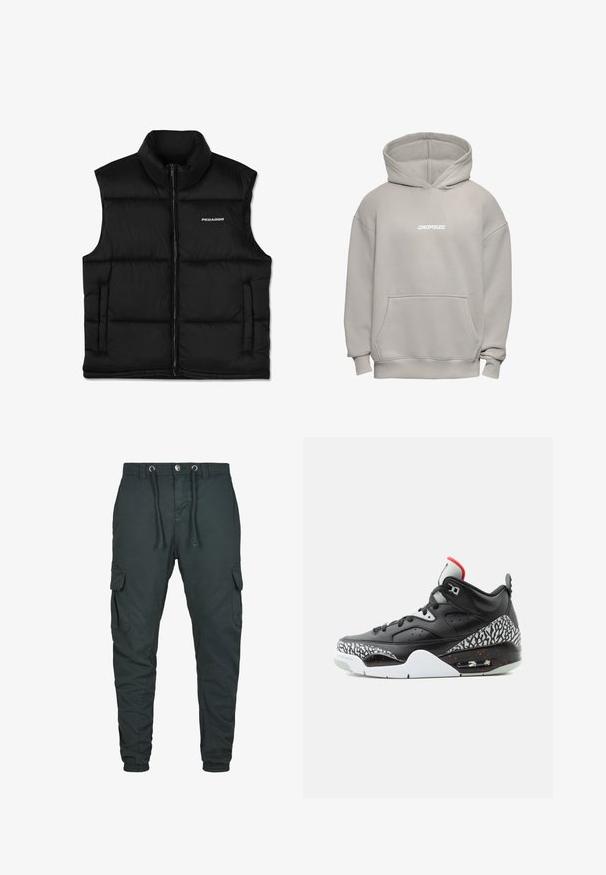 Schwarze, gepolsterte Weste mit hohem Kragen, vorderem Reißverschluss und Seitentaschen. Sie hat eine glatte Textur und ein Logo auf der oberen linken Seite.; Hellgrauer übergroßer Hoodie mit Fronttasche und "DROPSIZE" in Weiß auf der Brust gedruckt.; Cargo-Hosen in dunkelgrün, aus einem Stoff mit glatter Textur, mit Kordelzugbund und zwei seitlichen Cargo-Taschen.; Hochgeschnittener schwarzer und grauer Sneaker mit Elefantenmuster-Overlays, weißer Zwischensohle, sichtbarer Luftdämpfung und rotem Akzent auf der Zunge.
