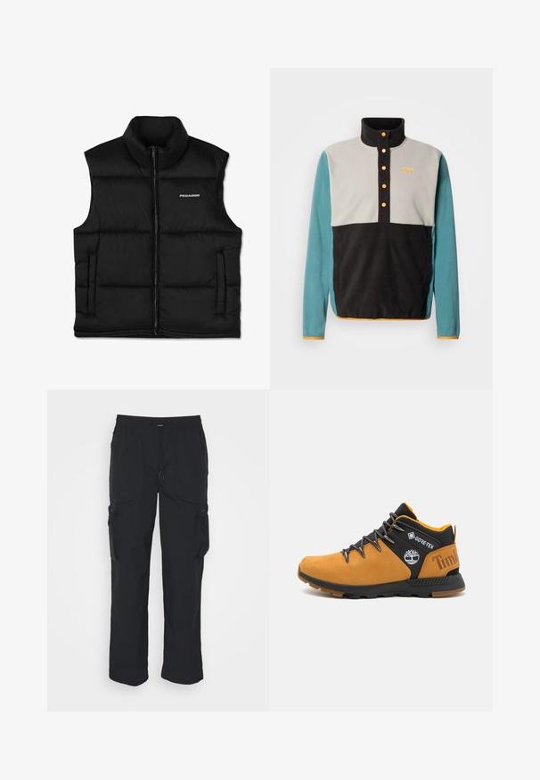 Zwarte gewatteerde vest met een hoge kraag, een rits aan de voorkant en zijzakken. Heeft een gladde textuur en een logo op de bovenste linkerzijde.; Fleece trui met een hoge kraag. Heeft zwarte, grijze en groene panelen, oranje knoopdetails en een logo op de borst.; Zwarte cargobroek van geweven stof. Voorzien van een verstelbare tailleband, zijzakken en twee utilityzakken met ritsen.; Timberland SPRINT TREKKER WP - Sneakers hoog - wheat