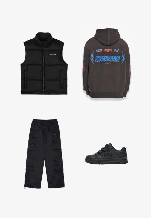 Zwarte gewatteerde vest met een hoge kraag, een rits aan de voorkant en zijzakken. Heeft een gladde textuur en een logo op de bovenste linkerzijde.; Donkergrijze hoodie met grote blauwe "DROPSIZE" tekst en kleurrijke graphics. Voorzien van een capuchon, geribbelde mouwen en verschillende geprinte patches.; Zwarte cargobroek met een elastische tailleband, meerdere zijzakken en ritsen bij de broekschoenen. Gemaakt van een gladde, lichte stof.; Zwarte lage sneaker met dikke zool, gevoerde kraag, meshpanelen en dikke veters, afgebeeld tegen een witte achtergrond.